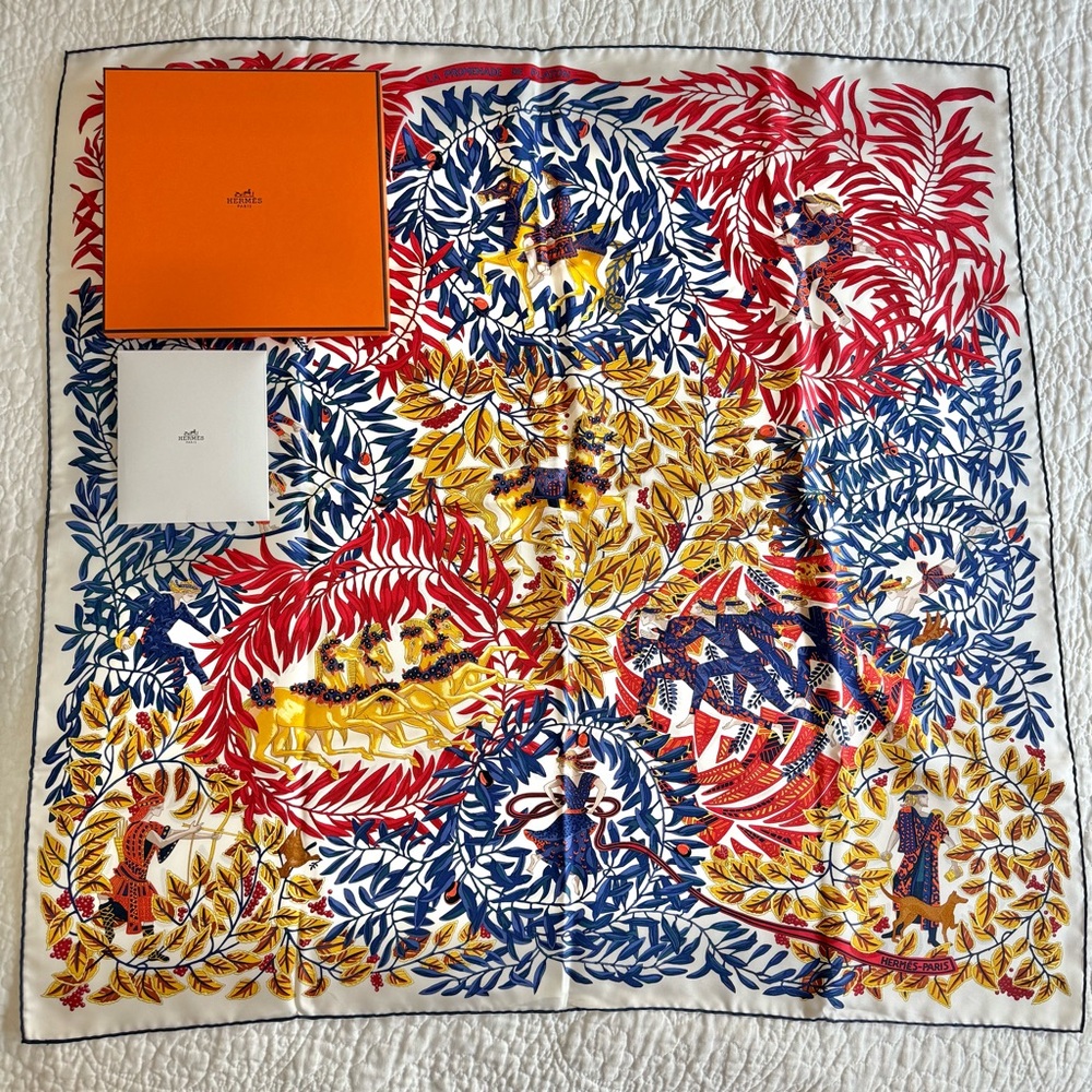 Hermès La Promenade de Platon Silk Scarf 90cm Marine Red w/ Box & Extras - Picture 5 of 12